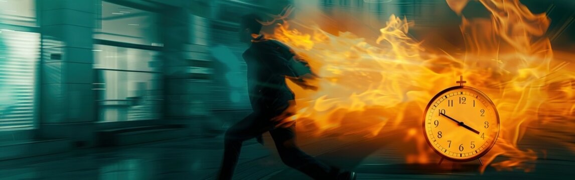 Clock on fire times burning end in fiery clock Running after time, alarm clock burning in fire, exploding rush hour