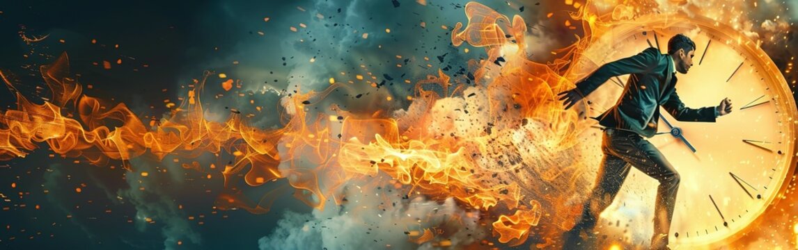 Clock on fire times burning end in fiery clock Running after time, alarm clock burning in fire, exploding rush hour