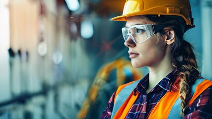 Female worker in safety gear observing industrial environment