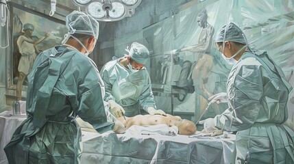 Surgeons operating in a hospital room for medical designs