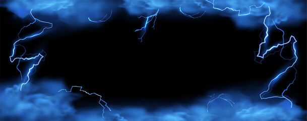 Vector frame design made of stormy blue sky with smoke, fog on a black background