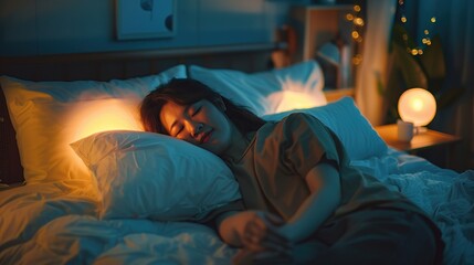Asian couple sleeping soundly in bed under the soft light of LED bedside lamp, symbolizing comfortable sleep in an organized bedroom environment. copy space for text.