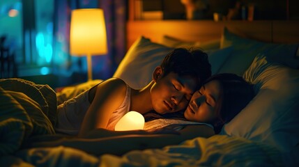 Asian couple sleeping soundly in bed under the soft light of LED bedside lamp, symbolizing comfortable sleep in an organized bedroom environment. copy space for text.