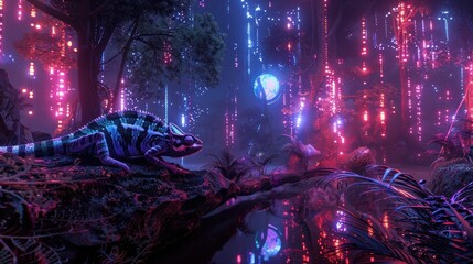 Cybernetic Forest A D Rendered Chameleon Adapting in a Futuristic Light Source Laden Habitat