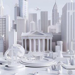 Monochromatic Financial Cityscape with Classical Design and Urban Elements