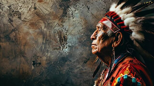 Elderly indigenous man in traditional attire with feathered headdress