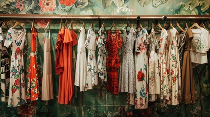 Various dresses and shirts hanging on racks in a fashionable womens closet. Creative concept of a clothing showroom or designer store. Generative AI