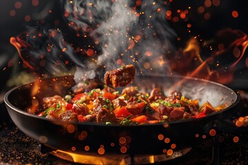 The image captures the dynamic process of food being cooked. Specifically, pieces of meat and colorful vegetables are being sautéed in a pan, with some pieces tossed in the air
