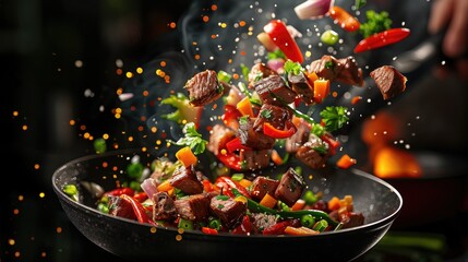 The image captures the dynamic process of food being cooked. Specifically, pieces of meat and colorful vegetables are being sautéed in a pan, with some pieces tossed in the air