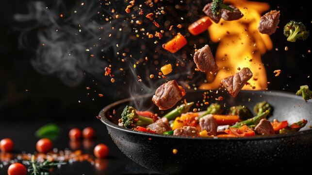 pan with meat and vegetables flying out, a fire in the background against a black isolated background, for food advertising, with ultrarealistic stock photography, 