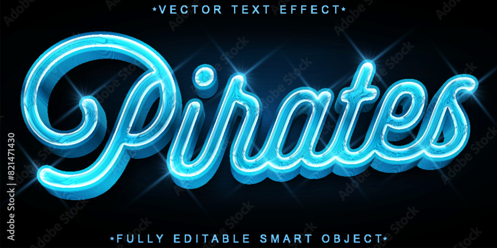 Poster shiny blue cartoon pirates vector fully editable smart object text effect