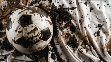 closeup of a soccer ball among mud splatters on white jersey