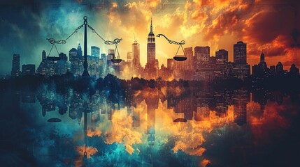 Reverse Silhouette of a cityscape with trade buildings and legal symbols