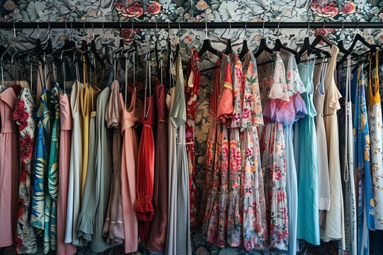 Collection of stylish dresses and shirts displayed on hangers in a fashion showroom. Generative AI
