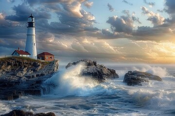 A lighthouse is on a rocky shoreline with crashing waves. The lighthouse is white and tall, and the waves are high and powerful