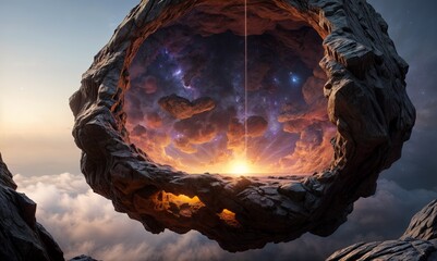 large rock formation with a portal to another world, showing a sunset over a cloudy sky.