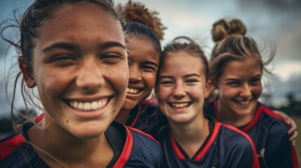 Obraz premium Diverse and mixed group of young female soccer players smiling and posing for a team photo on the soccer field