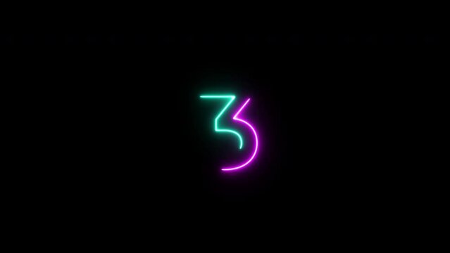 Neon bright glowing countdown timer from 5 to 1 seconds on black background. 4k video