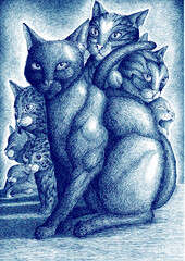 blue kitties drawn by me. I saw some references to make this drawing , but grand part of this its my creation.