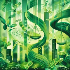 A dynamic abstract depiction of financial balance and growth featuring swirling green dollar signs and scales, set against a futuristic cityscape.