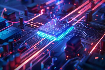 Futuristic scene of blue neon light rays coming out from an advanced micro Mashine chip on top of circuit board