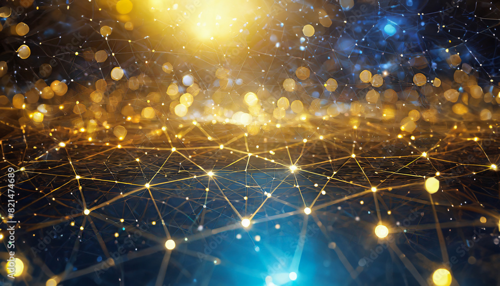 Poster blue abstract background with glowing golden lights on a network grid and particles connected. techn