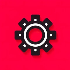 A gear icon on a red background
