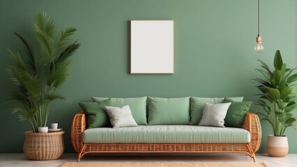 Home interior with Grassy Green rattan sofa, Pastels pillows, lamp and green plants in living room
