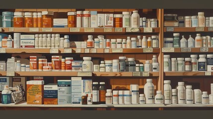 Vintage pharmacy shelf with medicine bottles for retro or medical themed designs