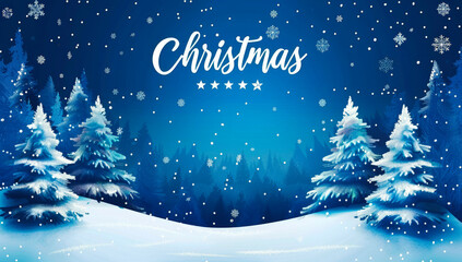 A blue Christmas background with trees and snow, text "christmas" written in white letters at the top of the screen, a gradient sky, a snowy landscape with pine trees