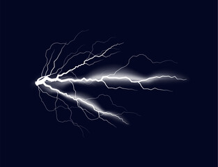 White lightning and horizontal thunderbolt, vector realistic natural strength or magic light rays, electricity explosion