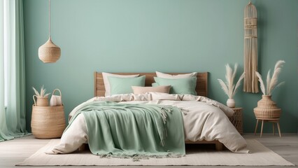 Bedroom interior mockup in boho style with fringed blanket, basket lamp and curtain on empty Mint Green background