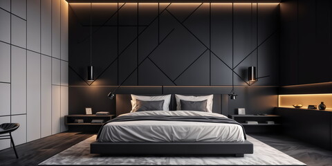 modern bedroom with black and white color scheme, geometric accent wall, and modern furniture.