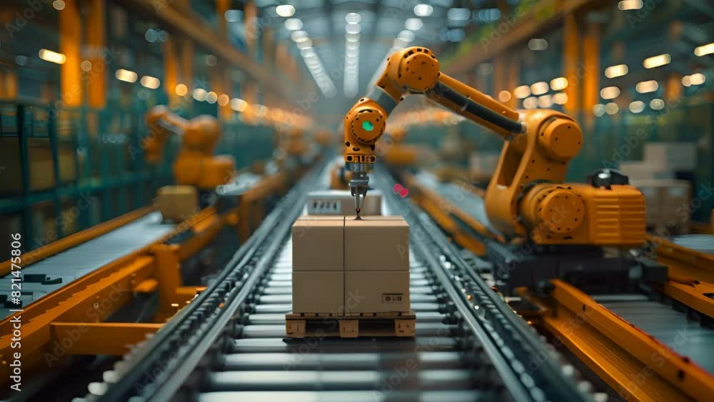 Poster control unit directs robotic arms in a logistics setting, orchestrating product placement on conveyo