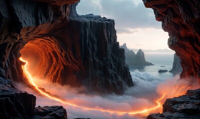 massive cave with a river of molten lava flowing through it. The sky is cloudy and the sun is setting.