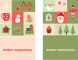 Set of cards for Christmas. Illustrations with Christmas elements. Christmas trees and gingerbread houses, Santa Claus and snowman. Cup of cocoa and sweet muffin. Vector. Flat style. 