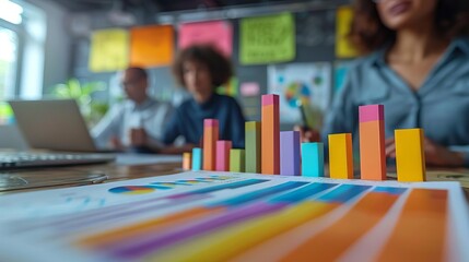 A business analyst presenting a colorful bar chart during a meeting,