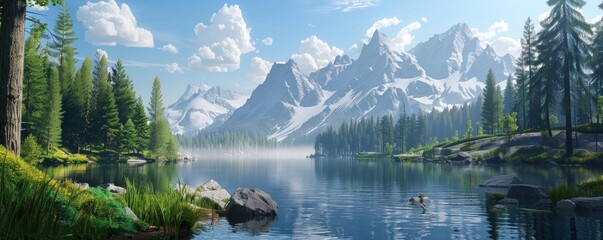 Naklejka premium A beautiful lake surrounded by mountains. The water is calm and clear, reflecting the mountains in the distance. The scene is peaceful and serene, making it a perfect place to relax and enjoy nature