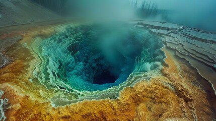 A closeup of a geyser vent surrounded by mineral deposits and steam,