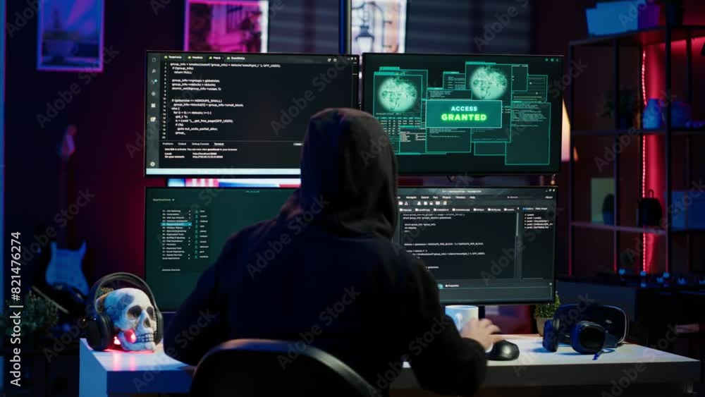 Poster happy man writing code on pc, celebrating after managing to get past security systems. hacker using 