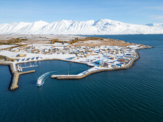 aerial photo of island of Hrisey in Iceland on winter day
