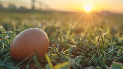 Close up of a fresh egg . Farm background at sunrise - Powered by Adobe