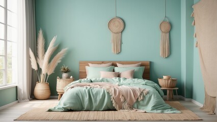 Bedroom interior mockup in boho style with fringed blanket, basket lamp and curtain on empty Mint Green background