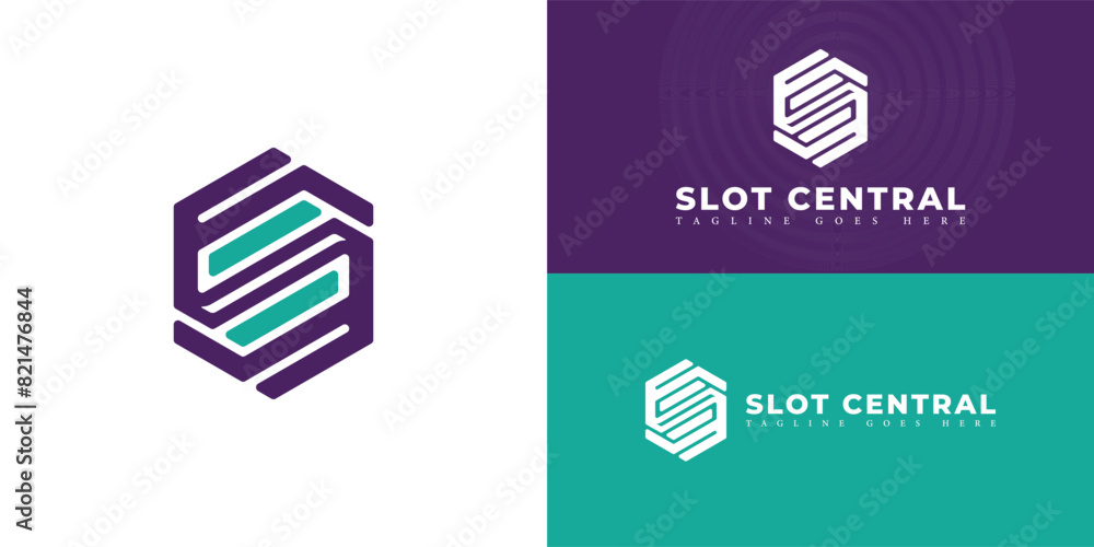 Poster abstract initial hexagon letter sc or cs logo in purple-blue color isolated on multiple background c