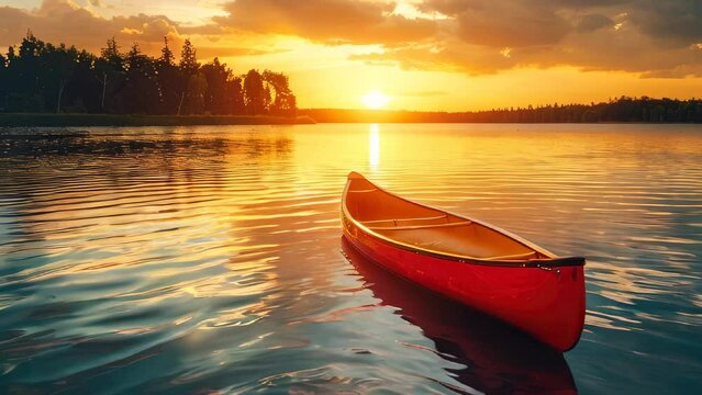 Red canoe on calm waters with sunset backdrop