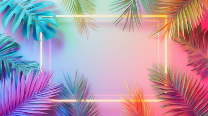 Obraz premium Vivid and colorful tropical palm leaves surrounding a colorful frame against pink background. 