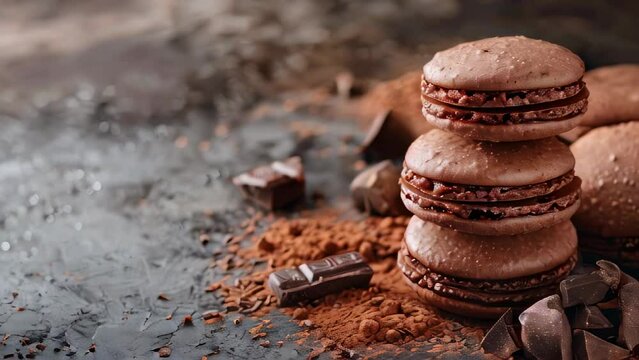 Stack of chocolate macarons with pieces on dark surface