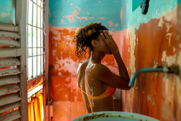 African awakening woman refreshes her face in her simple bathroom at dawn, ready for the day