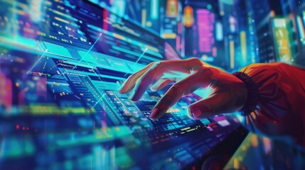 Woman in neon lights coding in a futuristic environment