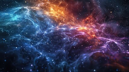 Obraz premium A colorful galaxy with blue, orange, and red swirls. The colors are vibrant and the stars are scattered throughout the scene